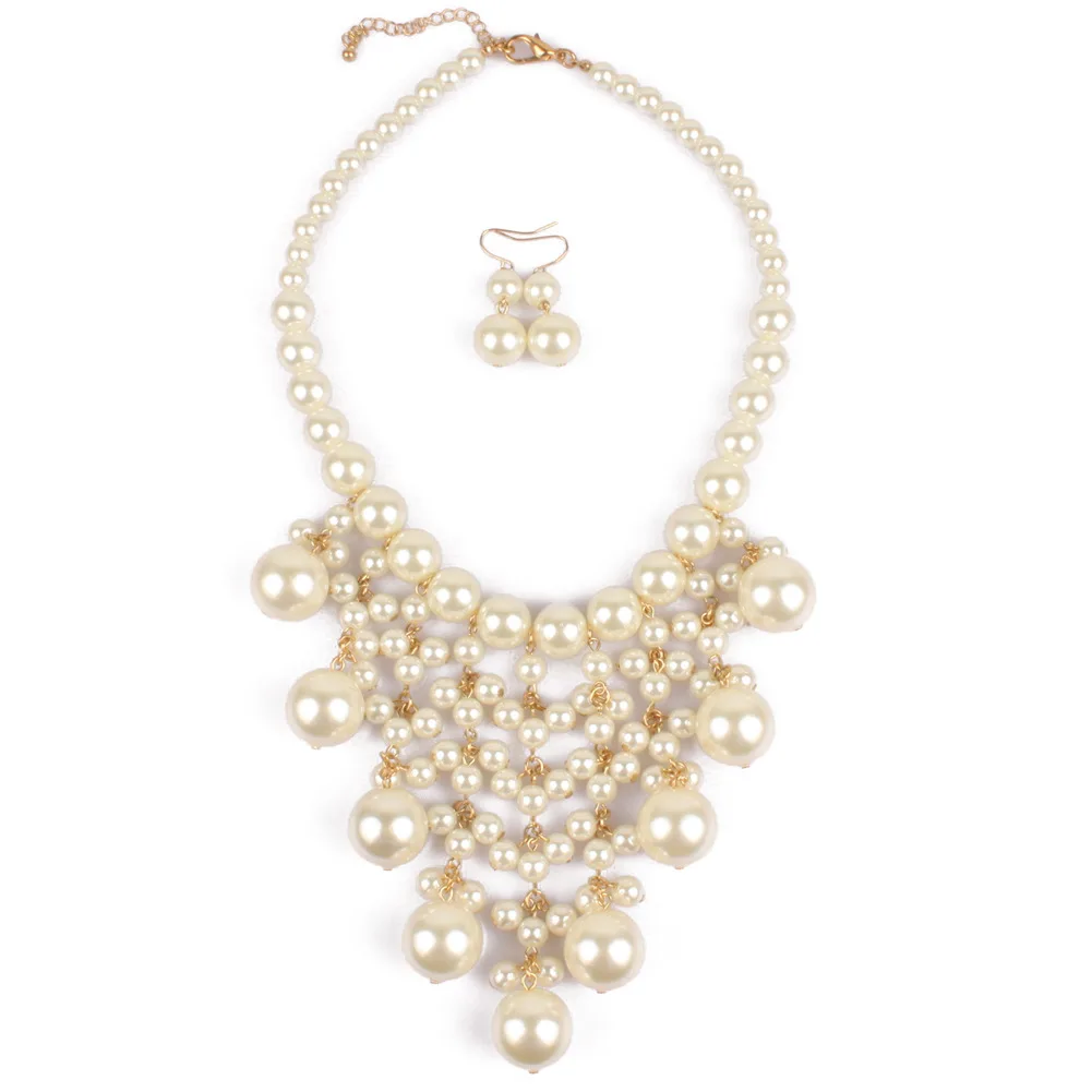

Women's 4 Layer Simulated Large Pearl Statement 18" Necklace and Earrings Jewelry Set
