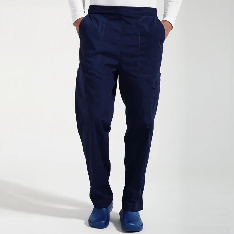 Women Men Scrub Pants Cotton Medical Uniforms Solid Color Trousers with Six Pockets Elastic Waistline and String Straight Pants