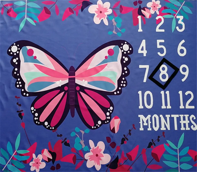 Butterfly Baby Monthly Growing Milestone Blanket Newborn Photography Props Infant Photo Shoots Calendar Backdrop Cloth  (8)
