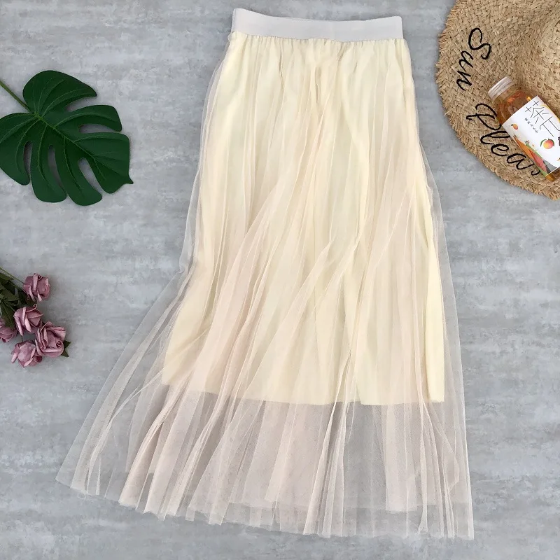 Autumn& Winter New Arrival Korean Version High Waist Mesh Skirt Pleated Skirt Double Layer Skirt Pettiskirt Free Shipping - Цвет: Бежевый