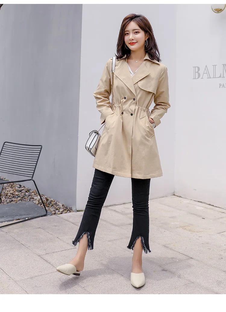 Trench Coat Spring Mid-length Pocket Long Sleeve Slimming Slim Fit Versatile Fashion Simple Cool Solid Color