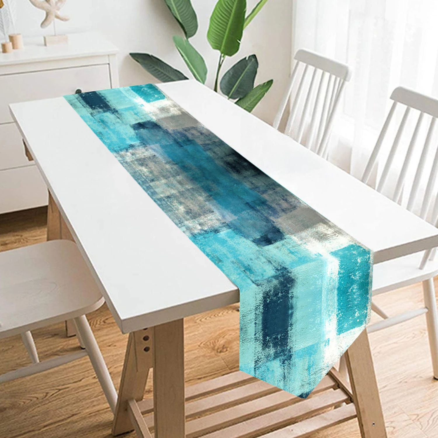 Modern Art Table Runner Farmhouse Style Double Layer Teal Table Runners