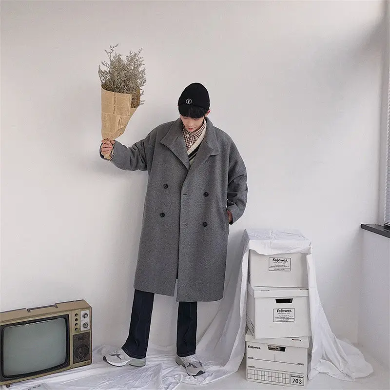 

Winter Korean Wool Coat Men's Warm Fashion Solid Color Casual Long Coat Men Streetwear Wild Loose Wool Jacket Mens M-XL