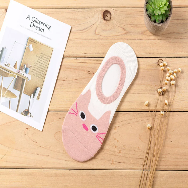 pink face cat 5 пар/лот, женские носки ярких цветов, носки-башмачки с рисунками маленьких животных для лета, дышащие, повседневные, модные, забавные - Цвет: pink face cat