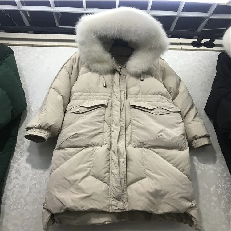 Dongdaemun внутри вакуумный пуховик женский стиль средней длины корейский стиль свободный толстый большой меховой воротник средней длины Coa