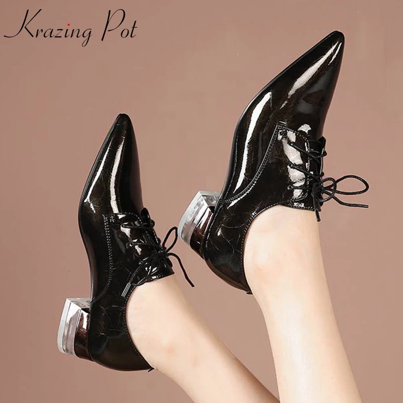 

Krazing pot popular genuine leather pointed toe crystal med heel French romantic mature office lady Autumn deep mouth pumps l8f1