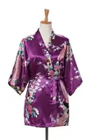 Lace Up Woman Peacock Print Japanese Kimono Yukata Silk Satin Short Style Sleepwear Home Nightgown Bath Robe Costume - Image 5