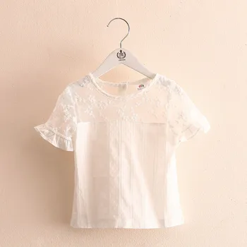 

2020 Summer 2 3 4 6 8 10 Years Lace Patchwork Short Flare Sleeve Pure White Embroidery Flower T-Shirts For Kids Baby Girl