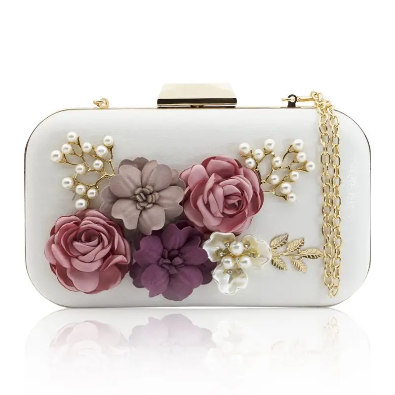 BEAU-Women Clutches Purses Bags Flower Leather Envelope Pearl Wallet Evening Handbag(white
