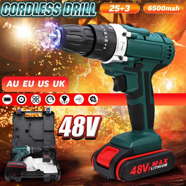$US $34.12  25-28Nm Torque 48V Cordless Electric Impact Drill 2 Speed Power Battery Screwdriver LED Working Lig