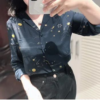 

Women's French Sweet Notched Blouse Sky and Moon Print Shirt with One Pocket 2020 Spring
