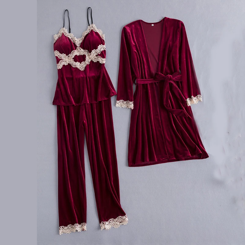 wine red set Fiklyc нижнее белье бархатные женские сексуальные пижамы с подкладкой на груди наборы из трех предметов роскошный ночной костюм женское сексуальное нижнее белье Ночное белье хит - Цвет: wine red set