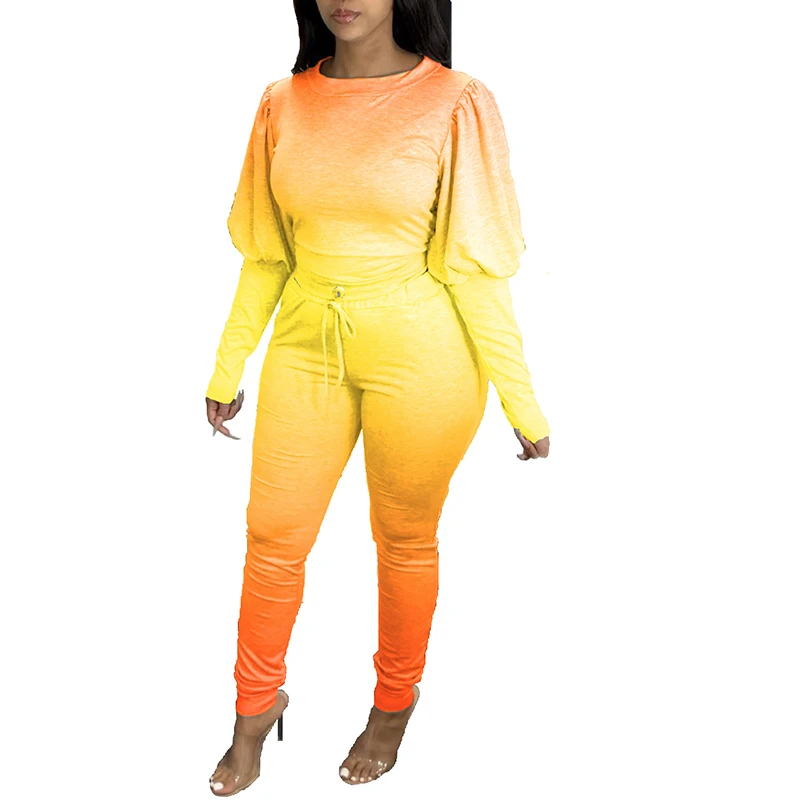 

New Arrival Autumn Women Suit Hot Style Solid-color Gradient Puff Long Sleeves O-neck Tops & Leggings Two Pieces Set