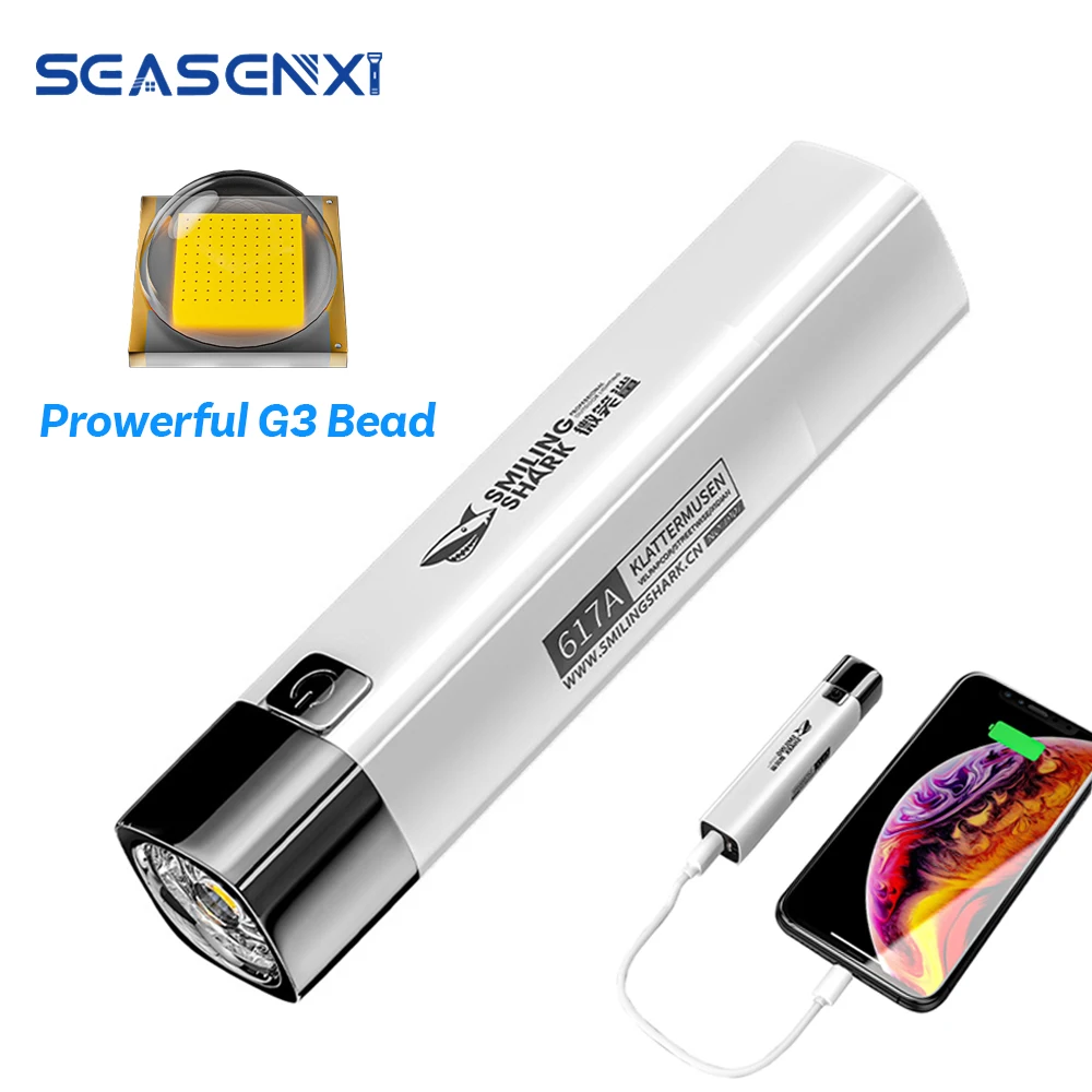 SEASENXI USB Rechargable Mini LED Flashlight 3 Modes Waterproof Torch Portable Power Bank Lamp IPX-6 Waterproof Camping Light