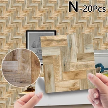  20Pc PVC Waterproof Wood Grain Tile Sticker Kitchen Bathroom Self Adhesive Wall Sticker Living Room Bedroom Wallpaper Home Decor 