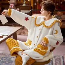 

Winter Warm Pajamas Set For Women Thick Coral Velvet Sleepwear Long Sleeve Pyjamas Suits 2 Pieces/Sets Nightwear