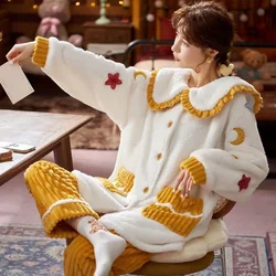 Winter Warm Pajamas Set For Women Thick Coral Velvet Sleepwear Long Sleeve Pyjamas Suits 2 Pieces/Sets Nightwear