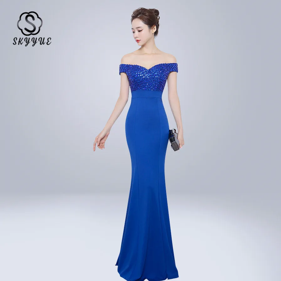 

Skyyue Evening Dress Off The Shoulder Women Party Dresses Sleeveless Elegant Robe De Soiree 2019 High Collar Evening Gowns C225