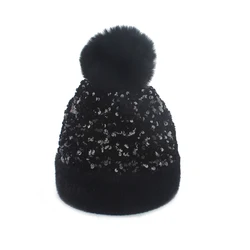 Girls Women Winter Pompom Fur Hat Bling Sequins Skullies Beanies Soft Warm Knitted Hats Fashion Hip Hop Ski Caps