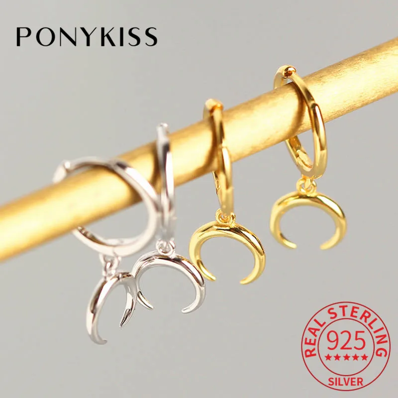 

PONYKISS Real 925 Sterling Silver Moon Minimalist Hoop Earrings Party Fashion Charm Earrings Accessory For Women Girl Fine Gift