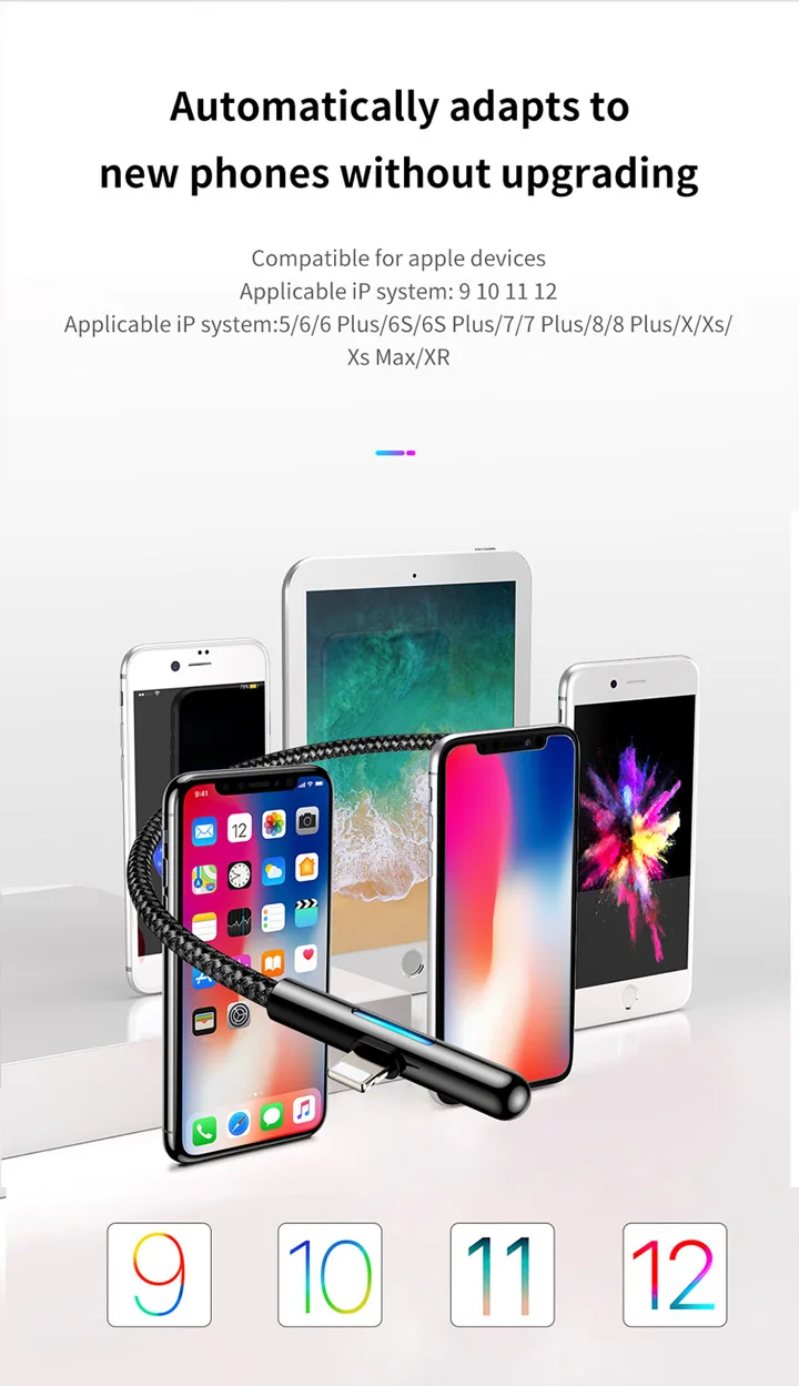 Светодиодный светильник Baseus 90 градусов usb Кабель зарядного устройства для iPhone xs xr 8 7 6s plus 5 11 ipad Быстрая зарядка данных для apple светильник ning 1 м 2 м