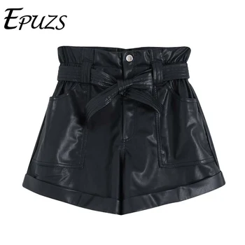 

women black pu leather shorts women elastic waist pockets female casual mini shorts bow tie sashes pantalones cortos