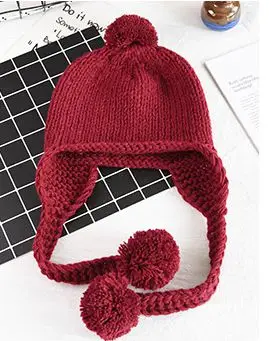 Шапка-ушанка для детей 2-5 лет, зимняя вязаная шапка с помпонами, одноцветная теплая шапка унисекс - Цвет: wine red