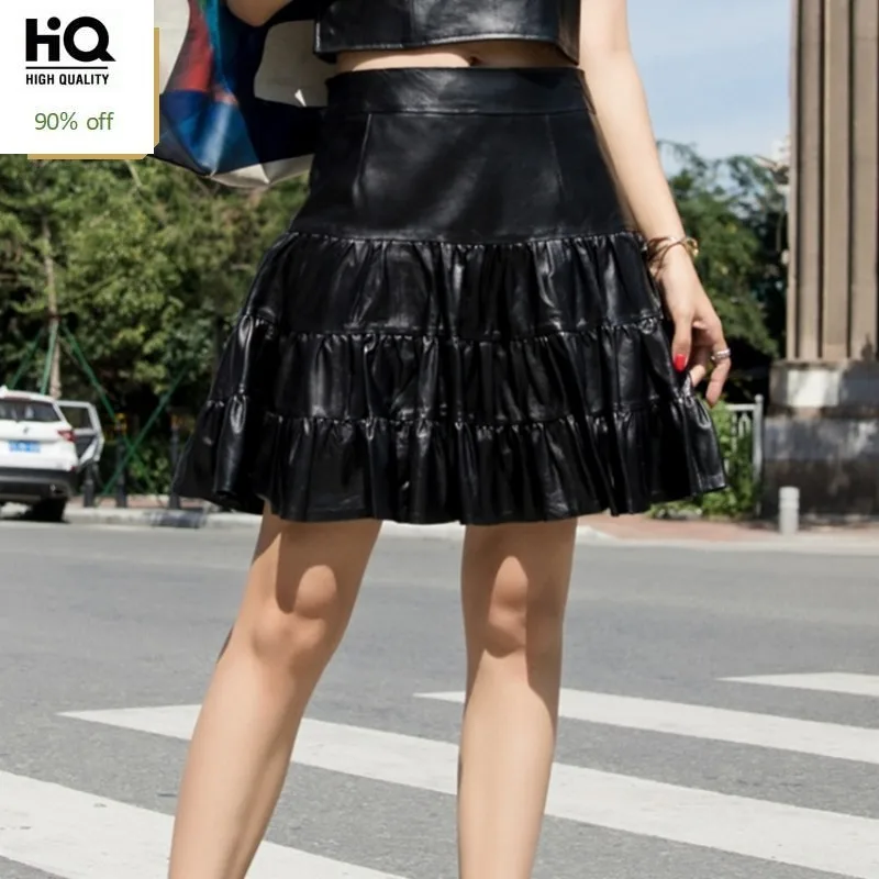 

Genuine Leather Pleated Skirts Women 2020 Spring Summer New High Waist Black Sheepskin Real Leather Sexy Mini A-Line Skirts Lady