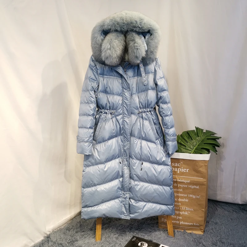 Женское хлопковое пальто до колена, однотонный меховой воротник, тонкая хлопчатобумажная набивная тонкая Утепленная зимняя женская верхняя одежда, куртки, топы - Цвет: blue