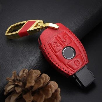 

Vehicle Key Fob Cover Leather Chain For Mercedes Benz Remote 3 Buttons Key Case Car Accessory Replacement