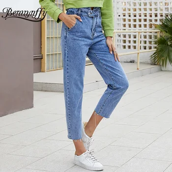 

Benuynffy Pockets Fashion High Waist Jeans Women Spring Summer Casual Denim Cross Pants Streetwear Ladies Button Fly Crop Jeans