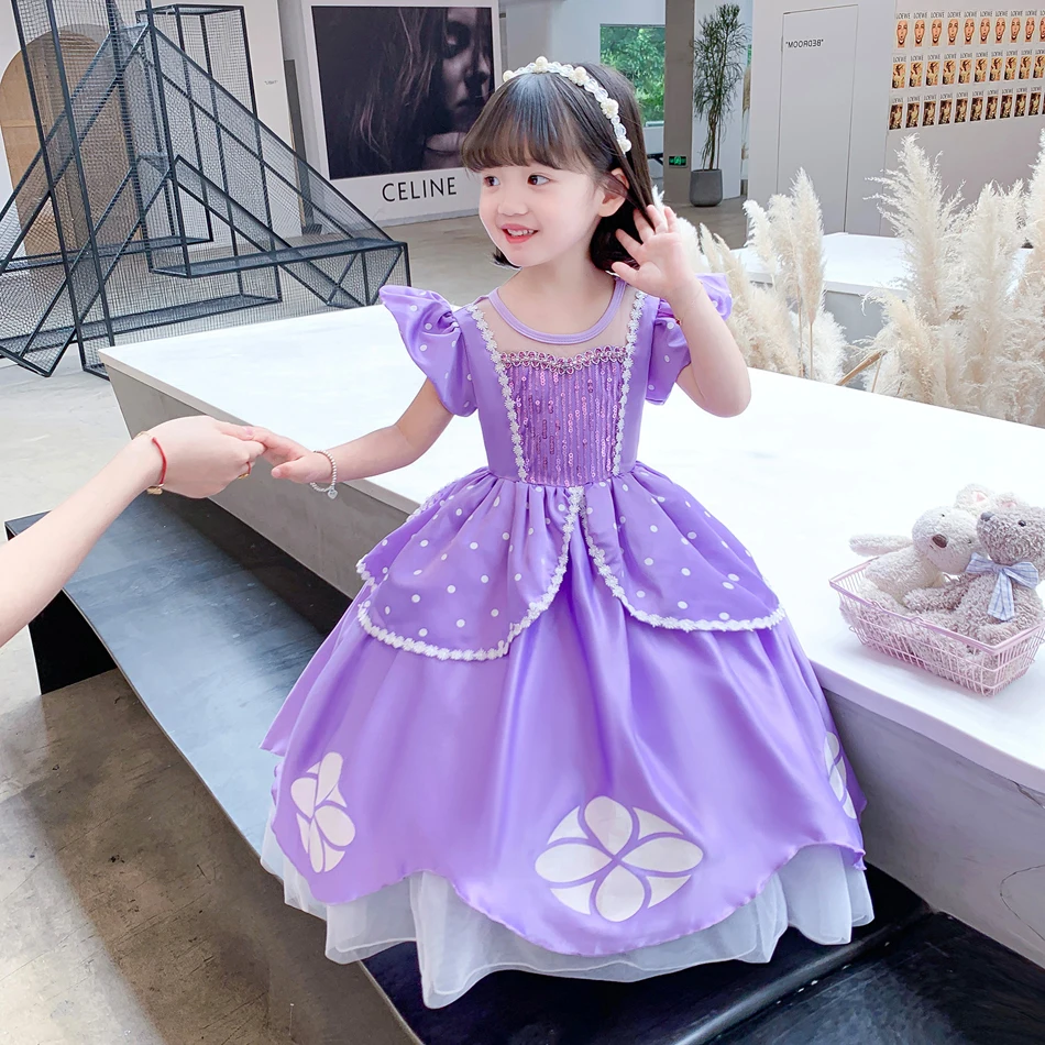 Princesa sofia traje para menina, traje cosplay roxo, manga puff