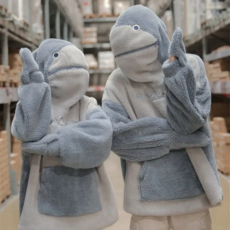 

Fernan Kawaii Shark Hoodie Women Cute Zipper Sweatshirt Korean 2021 Long Sleeve LambWool Winter Thick Alt Clothes Emo Blue Top