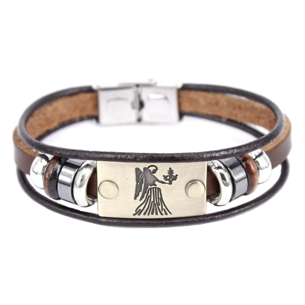 MIXMAX 24pcs 12 constellation genuine leather bracelet men's and women's bracelet punk rock style wholesale lots bulk