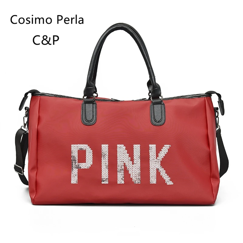 

Fashion Nylon Sequins Travel Bags for Women Big Fitness Handbags Pink Letter Waterproof Shoes Pocket Weekender Luggage Duffel