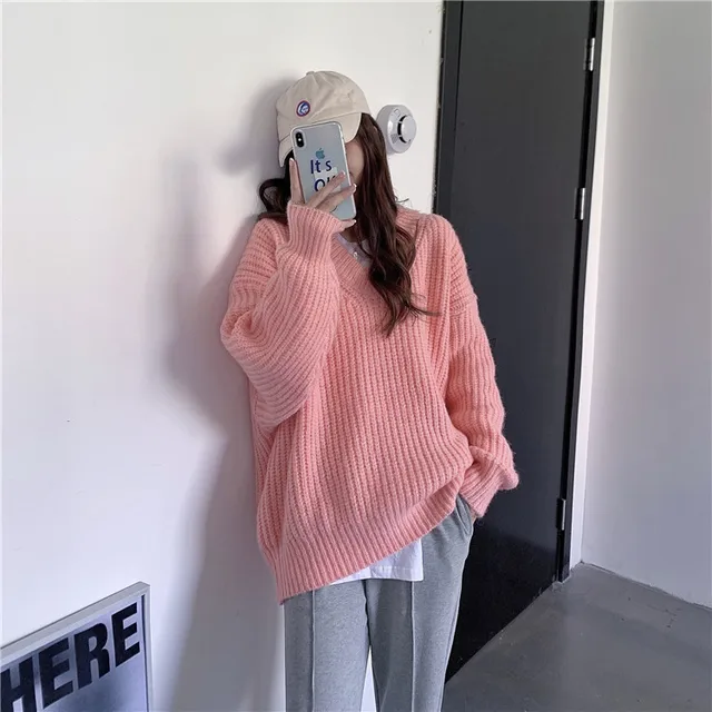Свободные cusaul пуловер с вырезом в виде буквы v свитер для