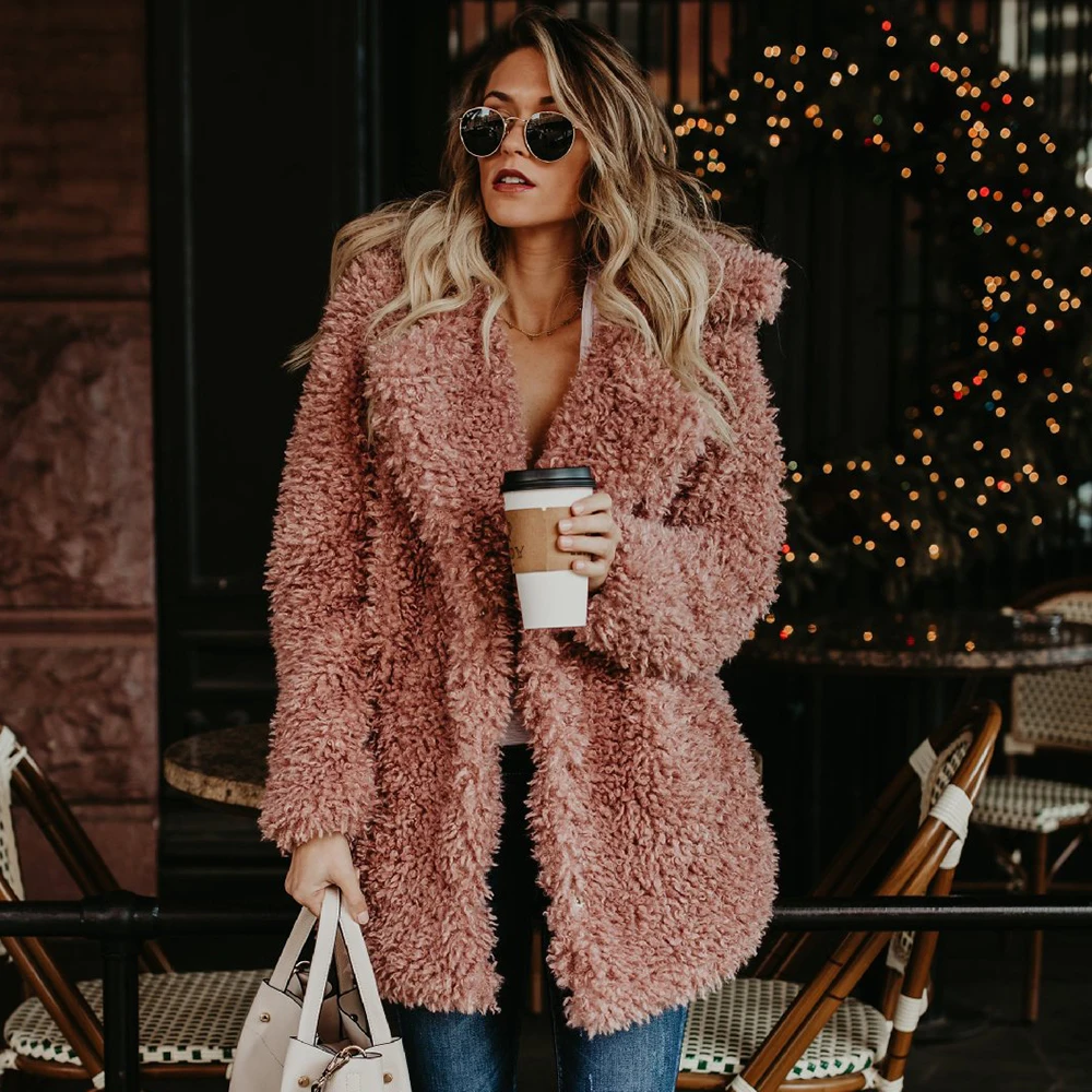Beste Vrouwen Winter Plus Size Faux Bontjas Bomber Jas Geul Wol Teddy Jas Roze Overjas Lange Mouwen Vintage Uitloper Mujer