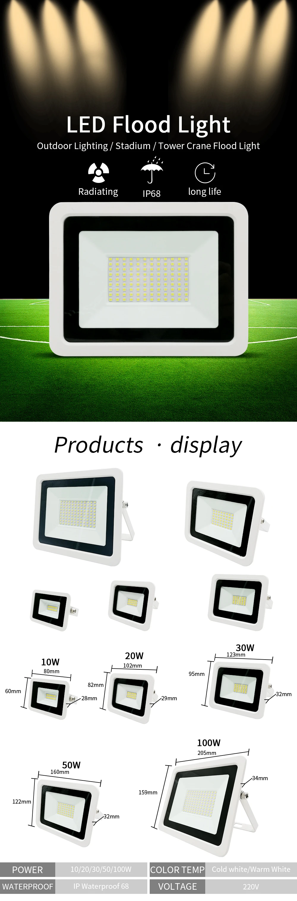 LED Flood Light 10W 20W 30W 50W 100W AC220V IP68 Waterproof Projector Lighting He3fbb2feffd34c35904fd0192da7842ax