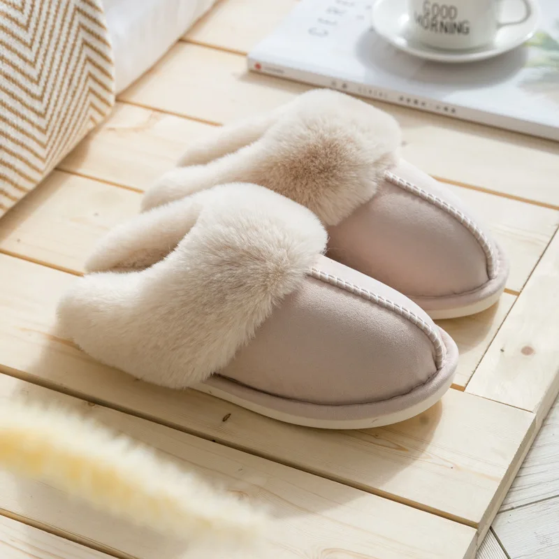 

Suihyung New Women Fur Home Slippers Quality Suede Flat Cotton Shoes Men Plush Slip On Couple Bedroom Slides Furry Indoor Shoes