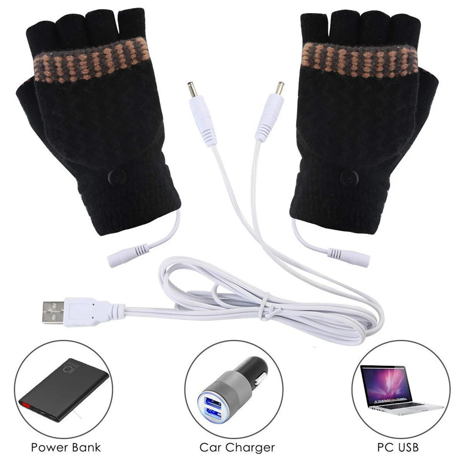 2020 New Laptop Women Men USB Heated Mitten Full&Half Finger Winter Warm Knit Hand Gloves