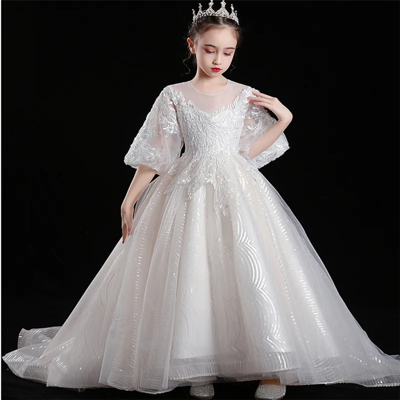 Детское высококачественное изысканное платье принцессы для свадебной вечеринки; вечернее Сетчатое платье со шлейфом; элегантные платья для подростков