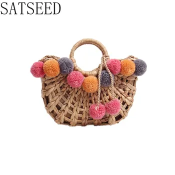 

2019 New Hollow Straw Bag Cute Color Hair Ball Woven Bag Woman Beach Holiday Style Portable Beach Bag Handbag