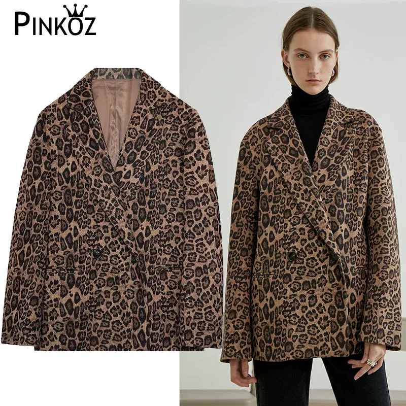 Pinkoz леопардовый узор жаккардовое пальто средней длины повседневное с длинным рукавом двойная куртка пальто женское пальто