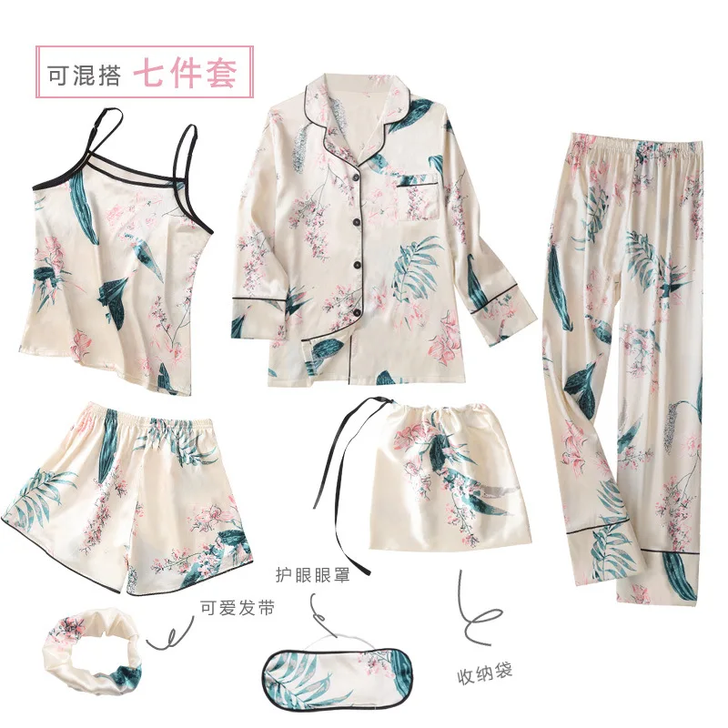 

Pajamas Female Summer Maple Leaf Imitated Silk Fabric Seven Sets Shorts Camisole Ice Silk Homewear Set