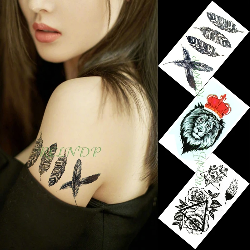 Водостойкая Временная тату-наклейка корона король Лев перо цветок маленькая