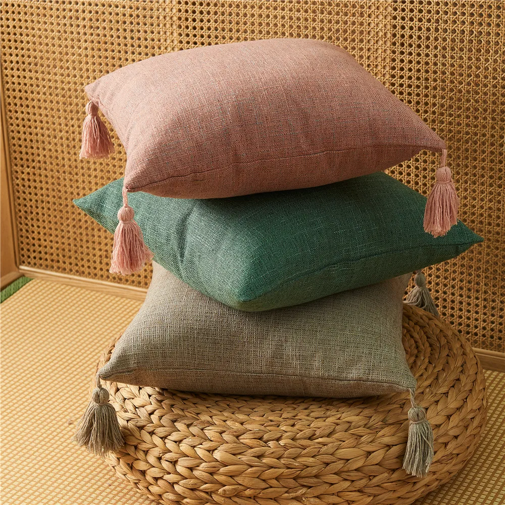 New Style Simple Solid Color Tassels Pillowcase European Cotton Linen Sofa Cushion Cover For Car Home Decor Pillow Case | Дом и сад