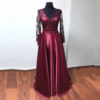 

Burgundy Lace Silk Satin Mother of the Bride Dress Long Sleeve V Neck Open Back Wedding Party Prom Evening Gowns Women Formal