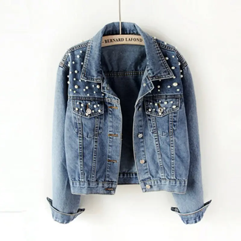

2019 Autumn Increase Sleeve Cowboy Loose Coat Short Loose Skinny Jacket Nail Pearl