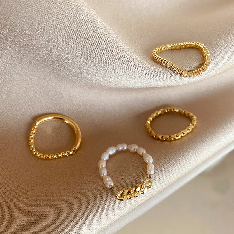 Chain Pearl Ring Women Gold Color Zircon Rings Fashion Jewelry Wedding Accessories