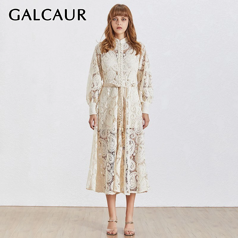 GALCAUR, элегантное женское платье с выемкой, стоячий фонарь, рукав, высокая талия, бандаж, с жилетом, миди платья, женская мода, новинка